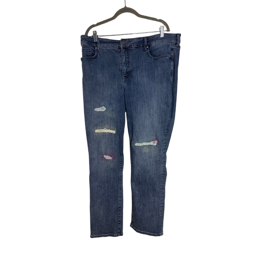 NYDJ Jeans Women's 18W Marilyn Straight Sashiko Patchwork Boho Visible Mending